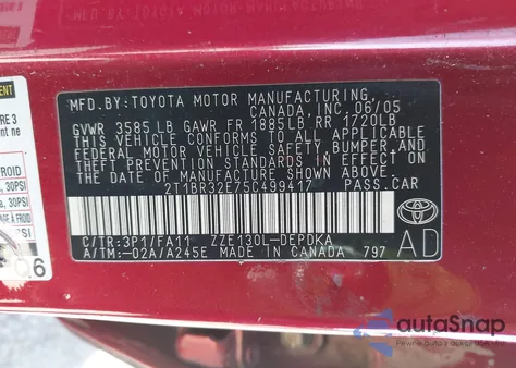 2005 Toyota Corolla Ce z USA, uszkodzony, nr VIN 2T1BR32E75C499417